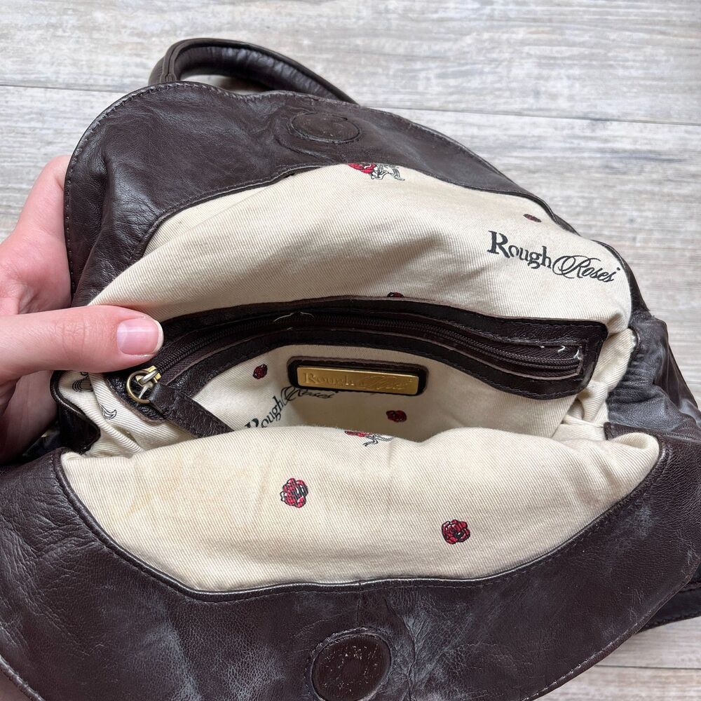 Vintage Rough Roses Brown Leather Handbag Slouchy Boho Shoulder Bag Rustic - Picture 4 of 10